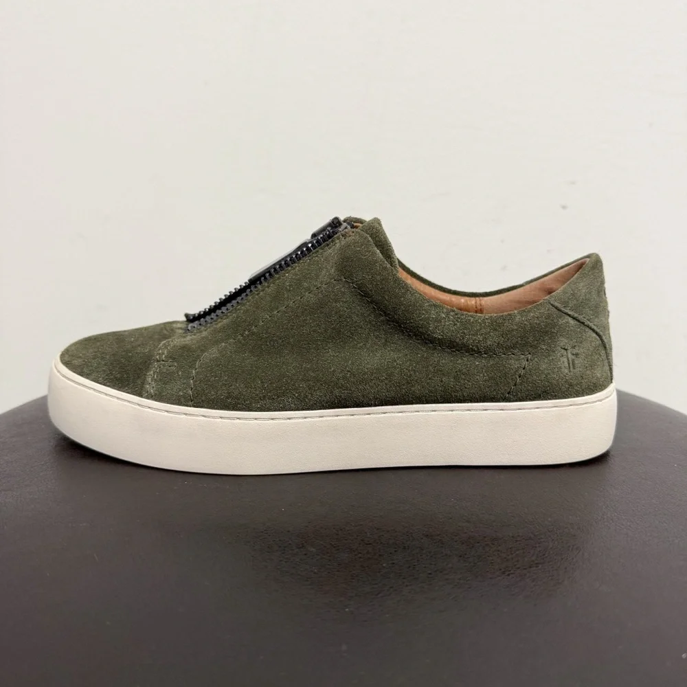 Frye Forest Green Suede Lena Zip Up Slip On Low Ivory Trim Top Sneaker 8 8M